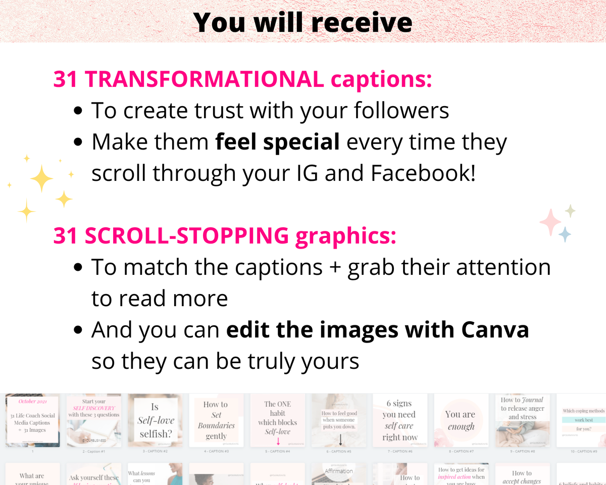 (Done-for-you content marketing) 31 Self-Compassion Captions + 31 Images