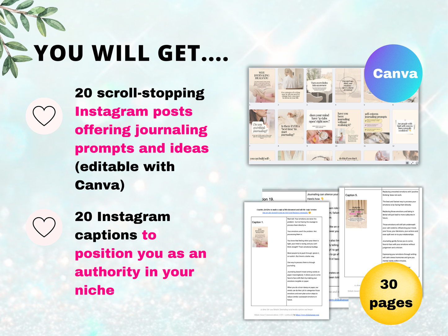 20 done-for-you Mindset Journaling Instagram posts and captions (authority-building)