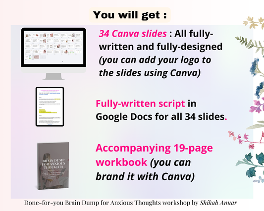 Done-for-you Brain Dump for Anxious Thoughts workshop (workshop, workbook, launch emails, social media captions and images, script included)