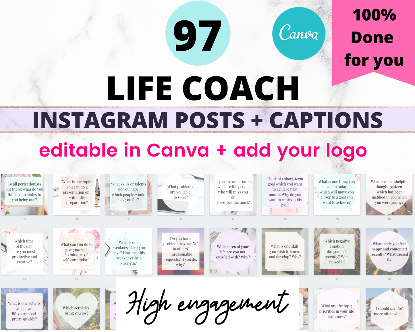 97 Instagram Posts + Captions for Life Coaches: Editable in Canva