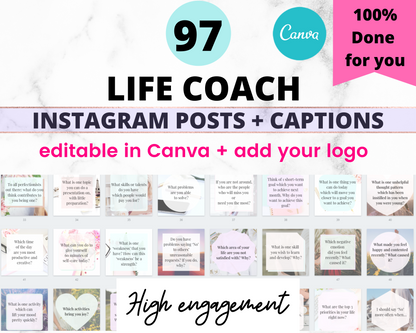 97 Instagram Posts + Captions for Life Coaches: Editable in Canva