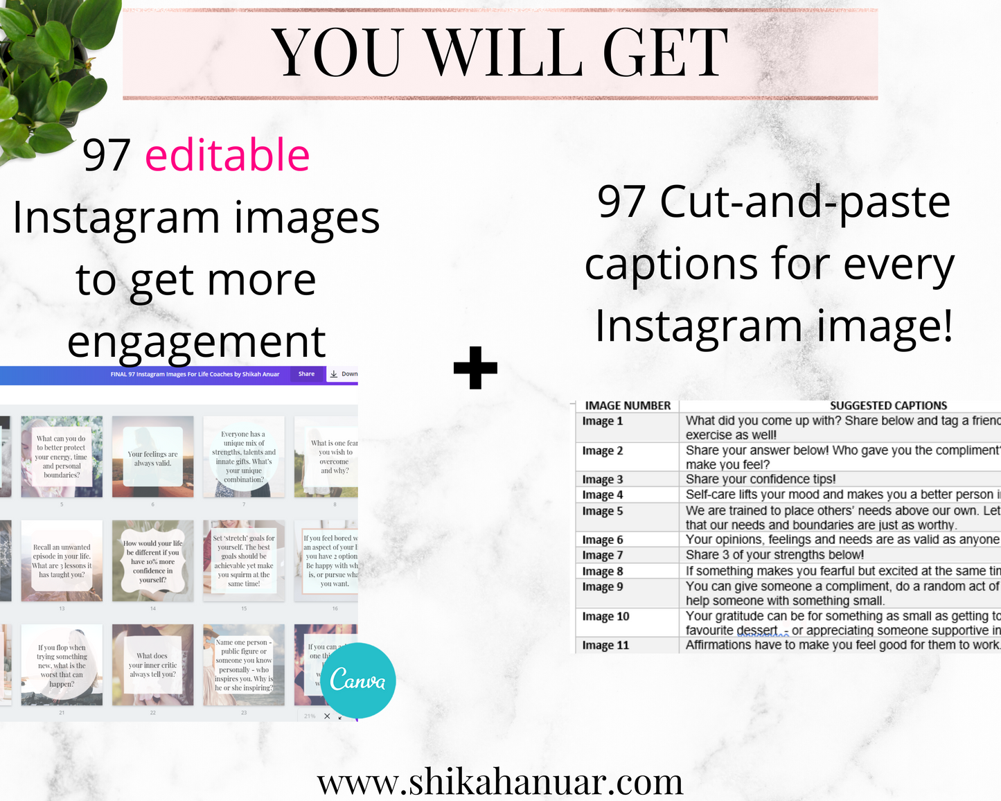 97 Instagram Posts + Captions for Life Coaches: Editable in Canva